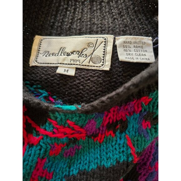 Vintage 1980s Needleworks Black Wool & Cotton Sweater Colorful Paisley Pattern M - Picture 3 of 3